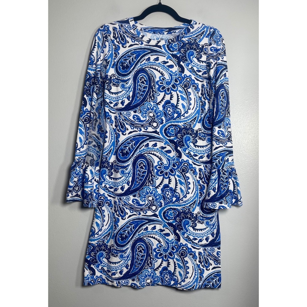 IBKUL Marley Print Bell Sleeve Mini Dress XS Blue Active Athleisure Golf Sporty‎